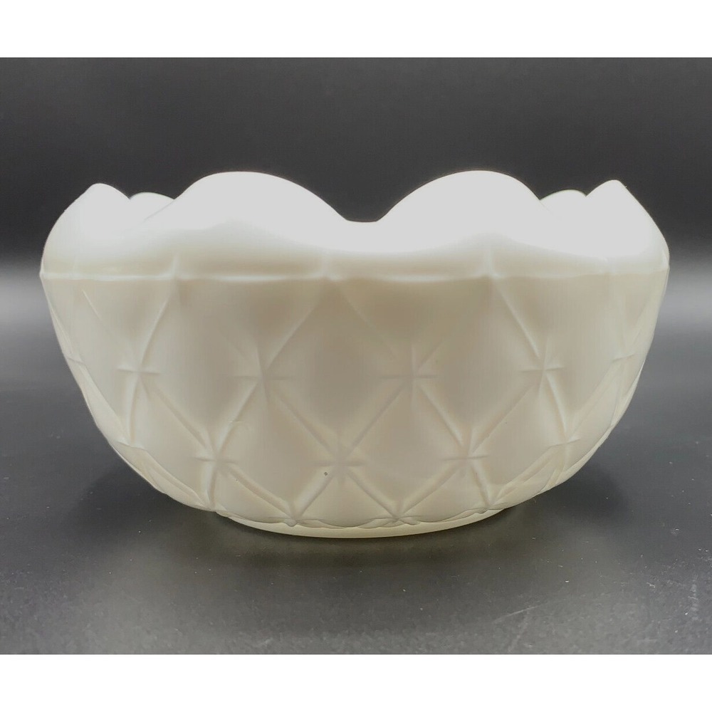 Indiana Rose Bowl White Milk Glass Duette Diamond Quilt Ruffle Edge Candy Dish